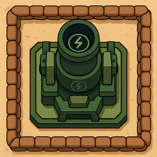 Top view of an Green defense Military tower large EMP mortar, in the desert, the image has a square border outlined by military defense Brown sandbags.
In-Game asset.  2d.  High contrast.  No shadows