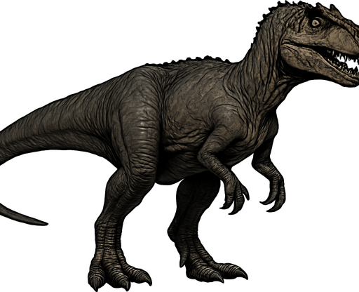 A medium-large Allosaurus dinosaur depicted in a neutral standing pose on a transparent background. Its muscular body is covered with dark gray and earthy brown scaly skin, with subtle scars and wrinkles. The head is narrow and elongated, featuring sharp teeth visible in a slightly open mouth and prominent ridges above the eyes. Its strong legs end with sharp claws, and the long tail extends straight for balance. The skin texture is rough and detailed, giving a lifelike, ancient predator look..
In-Game asset.  2d.  High contrast.  No shadows