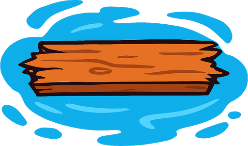 2D game asset, vector style, high contrast, flat colors, no shadows, a single long, broken wooden plank with splintered edges, floating horizontally on the surface of blue water, suitable for a top-down game, transparent background, PNG format..
In-Game asset.  2d.  High contrast.  No shadows