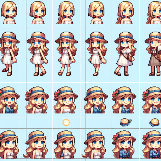 A spritesheet with a number of poses of a happy blond girl with blue eyes wearing a modern sunhat and summer dress, smiling, working, waiting, standing, turning, etc.The spritesheet should be laid out in a rectangular grid with clear space between each individual sprite. Each sprite in the sheet should be around 300x600 pixels in size.
Single Game Texture. In-Game asset. 2d. Blank background. High contrast. No shadows.