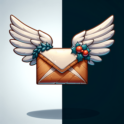 flying envelope with wings, christmas style, cartoon Single Game Texture. In-Game asset. 2d. Blank background. High contrast. No shadows.