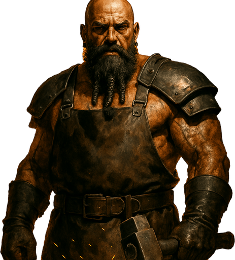 A towering warrior-blacksmith with soot-covered muscles and iron gauntlets, standing before a blazing forge. Male, 47 years old, bald with a thick black beard braided with iron rings, dark brown eyes, and deeply tanned, scarred skin. Wearing a leather apron and iron shoulder guards, wielding a massive smith-hammer. Sparks fly around him. Realistic, highly detailed, fiery forge setting. realistic.
In-Game asset.  2d.  High contrast.  No shadows