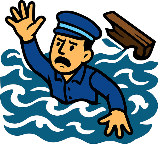 2D game asset, vector style, high contrast, flat colors, no shadows, single drowning male naval crew member wearing a blue naval uniform and a 2D blue naval hat, struggling in rough ocean waves, broken ship debris nearby, transparent background, PNG format, aimed for top-down 2D game..
In-Game asset.  2d.  High contrast.  No shadows