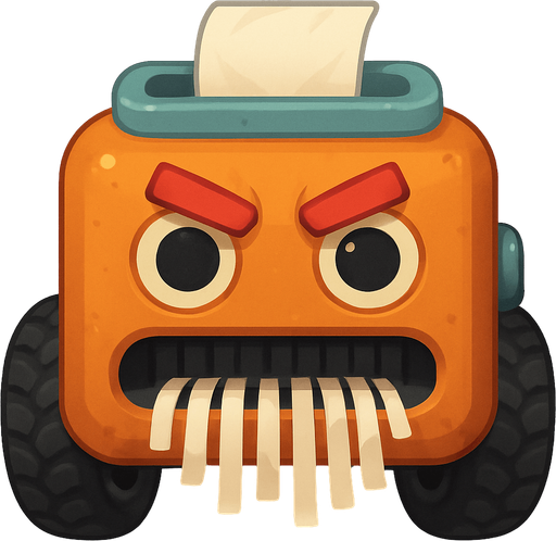 An aggressive mobile paper shredder robot. Viewed from a straight angle right in front. Cute soft graphics. soft ambient light. semi-matte to satin surfaces. naturalistic with slight saturation boost colors. 
In-Game asset.  2d.  High contrast.  No shadows. top down.