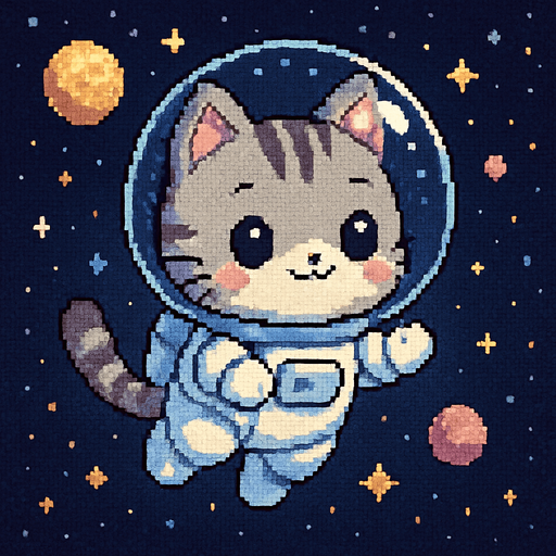 A cute chibi-style anime kitten, dressed in an astronaut suit and drifting through the universe, rendered in Pixel Art.