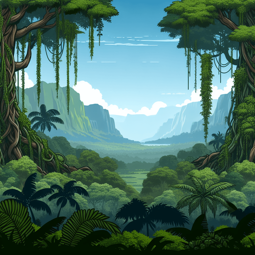 A lush jungle scenery with huge old trees covered in vines and overwrowth, blue sky and forested mountains in the background..
Single Game Texture. In-Game asset. 2d. Blank background. High contrast. No shadows.