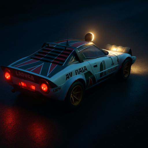 Photorealistic Lancia Stratos Rallycar in nightlight, drone topview from back and 45 degrees angle in top right corner. Replace Lancia to Lacika and Alitalia to All Italia