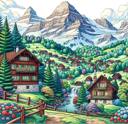 anime image 2d ghibli style. swiss forrest 
mountain and traditional village.
Single Game Texture.  In-Game asset.  2d.  Blank background.  High contrast.  No shadows