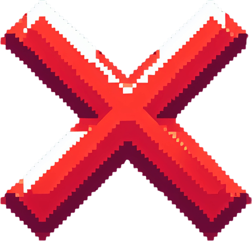Big red X button for a game gui. 8-bit art style..
Single Game Texture. In-Game asset. 2d. Blank background. High contrast. No shadows.