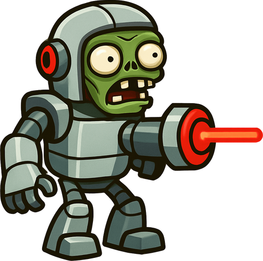 a plant vs zombies zombie whit a robot costume and a laser gun arms.
In-Game asset.  2d.  High contrast.  No shadows