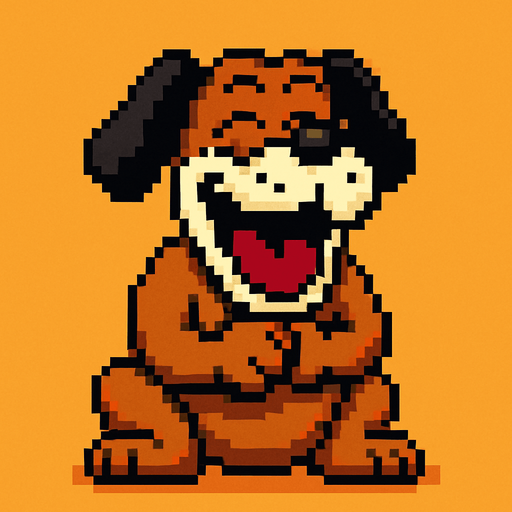 pixart brown hunting dog with black ears and white mouth laughing.
In-Game asset.  2d.  High contrast.  No shadows