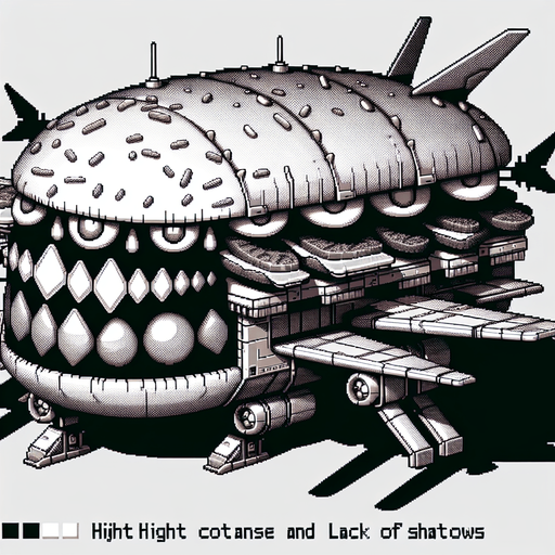 an evil burger airship.
Single Game Texture. In-Game asset. 2d. Blank background. High contrast. No shadows. 8bit