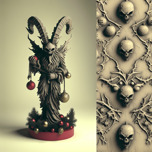 Eerie Christmas-inspired krampus statuette similar to a resident evil asset
Single Game Texture. In-Game asset. 2d. Blank background. High contrast. No shadows.