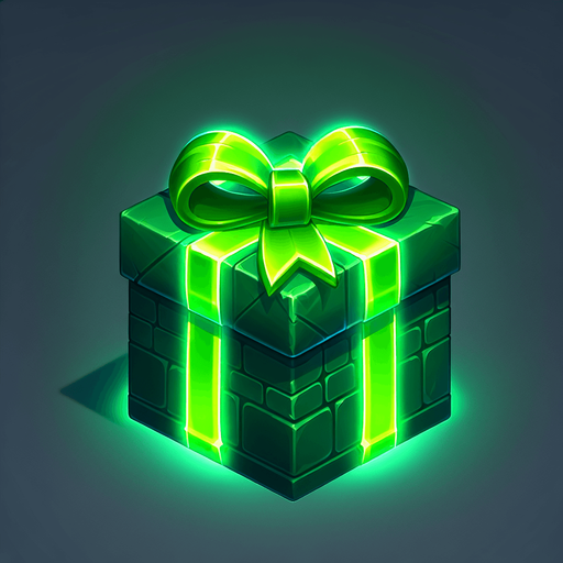 Christmas gift with glowing green wrapping paper Single Game Texture. In-Game asset. 2d. Blank background. High contrast. No shadows.