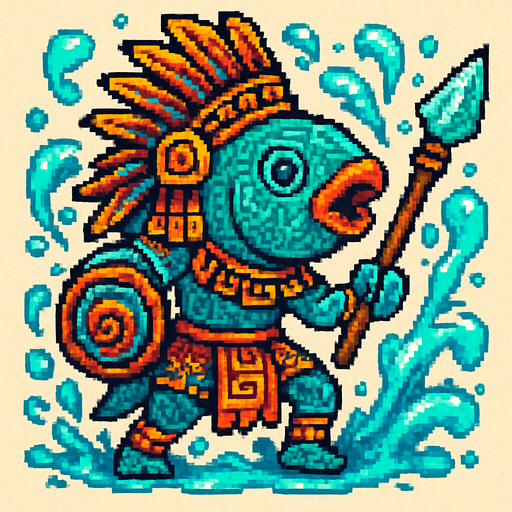 Generame un guerrero azteca con patrones, estilo pixelar, además será una Pez loro, con efectos de AGUA.
In-Game asset.  2d.  High contrast.  No shadows