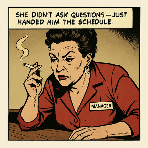 A comic panel styled like a square photo print with a clean white border. Realistic comic art. Scene: Close-up of a middle-aged woman with bold makeup, cigarette in hand, leaning over the bar. Her name tag reads “Manager.” Narrator box at the top reads: “She didn’t ask questions — just handed him the schedule.”.
In-Game asset.  2d.  High contrast.  No shadows