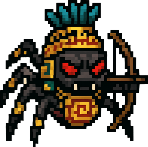 Genérame una Araña guerrero azteca con eso patrones, estilo pixelar, con una apariencia maligna, ojos rojos, rabioso. Unidad a distancia, con un arco o cerbatana. Animal.
In-Game asset.  2d.  High contrast.  No shadows