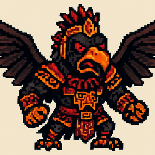 Genérame una Zopilote Rey guerrero azteca con eso patrones, estilo pixelar, con una apariencia maligna, ojos rojos, rabioso. Unidad aerea con alas. Animal.
In-Game asset.  2d.  High contrast.  No shadows