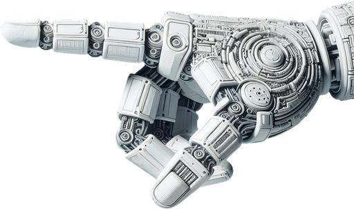 a  futuristic white robot arm. horizontal direction. the index finger pointing to the left. Single Game Texture. No background. High contrast. No shadows.