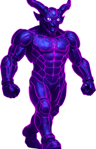 bare segmented neon cyberpunk pecs abs muscles robot monster hunk Neon cyberpunk 3d hologram corporate occult demon android mecha robot sentinel guard soldier machine monster fully in frame no part cut off no background anime futuristic Background removed, "Full-body character, entirely in frame, no cropping of face, head, or feet" "Complete character visible, from head to toe, fully centered in the image" "Entire character, including face and boots, fully within the frame" Character fully contained within a square frame, no edges cut off horns through boots Walking animation forward Neon purple