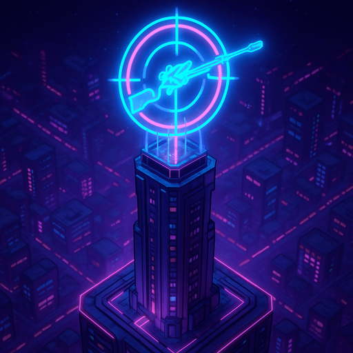 Top down isometric neon cyberpunk anime talk futuristic tower spire 3d sniper bullseye gun symbol glowing hd large hologram over top
