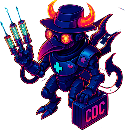 Neon cyberpunk anime top down isometric animatronic plague doctor cyborg demon medic CDC corporate robot monster disease pestilence medicine syringes