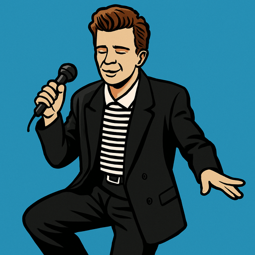Realistic MEME of Rick Astley dancing with mic.
In-Game asset.  2d.  High contrast.  No shadows