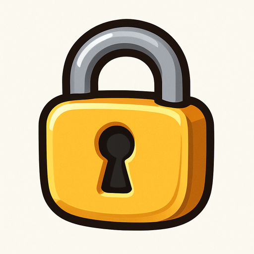 A small, flat 2D padlock icon designed for mobile games. The lock should be cartoon-style with a rounded body, thick outline, and a keyhole in the center. Use soft shadows and a slight 3D effect. The color should be golden yellow or metallic gray, clearly visible when placed over a flag. The icon must have a transparent background and be suitable for overlaying on a world map UI in a kids’ adventure game..
In-Game asset.  2d.  High contrast.  No shadows