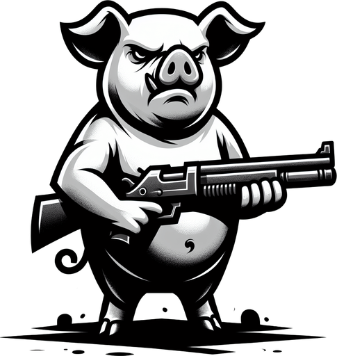 A pig with a gun.
Single Game Texture. In-Game asset. 2d. Blank background. High contrast. No shadows.