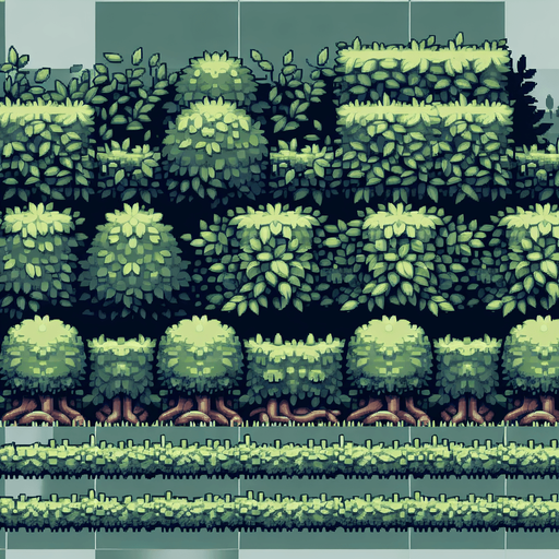 A spritesheet in sideperspective showing various low dull green hedges and bushy foliage for a platformer game. semi detailed game illustration style. medieval. muted colors..
Single Game Texture. In-Game asset. 2d. Blank background. High contrast. No shadows.