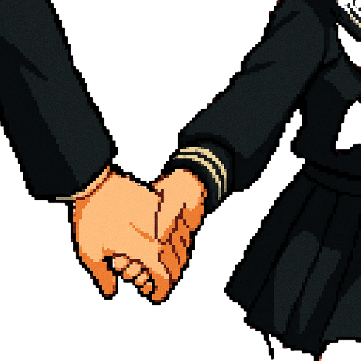 The camera focuses only on their hands. The girl, wearing a traditional Japanese sailor fuku uniform, firmly grabs the hand of the boy, who is dressed in a classic gakuran. She pulls him forward with energy and excitement. His hand follows with slight tension, expressing surprise. Nothing else is shown—just the gesture: a meaningful connection captured in the simple act of their hands intertwined. Behind them stretches a Japanese school hallway, all rendered in a charming Pixel Art style.