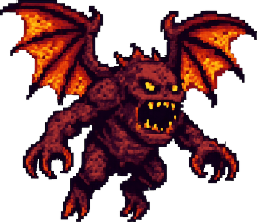 monster giant with wings, flying , pixel art, no background. In-Game asset. 2d. High contrast. No shadows.
In-Game asset.  2d.  High contrast.  No shadows