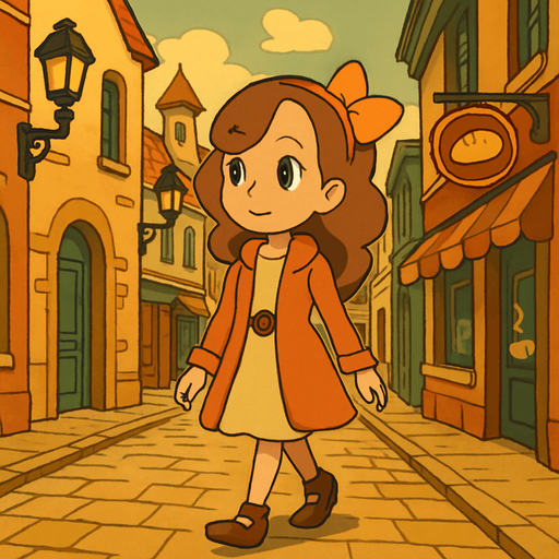 Generate a detailed and vivid description of a scene depicted in the visual style characteristic of Professor Layton games, focusing on a young girl walking down a city street. Capture the unique art style elements such as warm color palettes, cel-shaded animation, distinctive character design with soft lines and expressive eyes, and the semi-realistic yet whimsical environment. Include the atmosphere of the city street, describing architectural features, background elements like lampposts, shop signs, and the bustling yet charming ambiance, as seen in Professor Layton games. Avoid photographic realism; emphasize stylized, hand-drawn, and storybook-like qualities..
In-Game asset.  2d.  High contrast.  No shadows