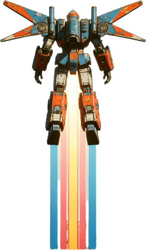 super robot facing upward and his back on screen flying.
Single Game Texture. In-Game asset. 2d. Blank background. High contrast. No shadows.