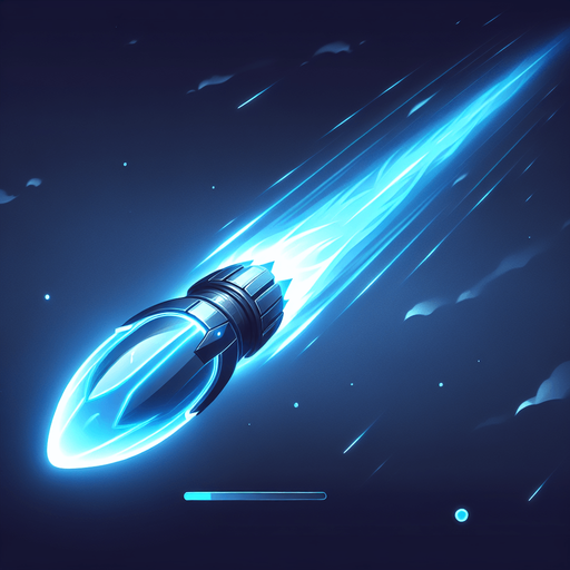 A 2D top-down view of a futuristic energy bullet for a space shooter game. The bullet is a glowing blue plasma projectile with a sleek, elongated shape and a slight energy trail behind it. The design is simple, bright, and high-speed-looking, suitable for fast-paced shooting gameplay.
Single Game Texture.  In-Game asset.  Blank background.  High contrast.  No shadows