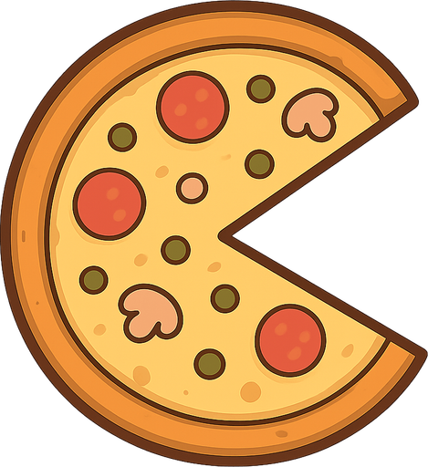 Yuvarlak bir pizzanın bir dilimini alınmış olacak ve boş kısım ağzı olacak şekilde sürekli açıp kapatsın ağzını . No background. Transparent background. Blank background. No shadows. 2d. In-Game asset. flat