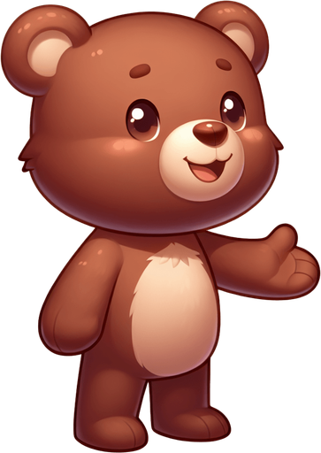A cute brown teddy bear from his right profile, standing, looking to the right direction and smiling with his hands in front of him. Feeric style. No background. No shadows. No back light. High contrast. Single Game Texture. In-Game asset. 2d.