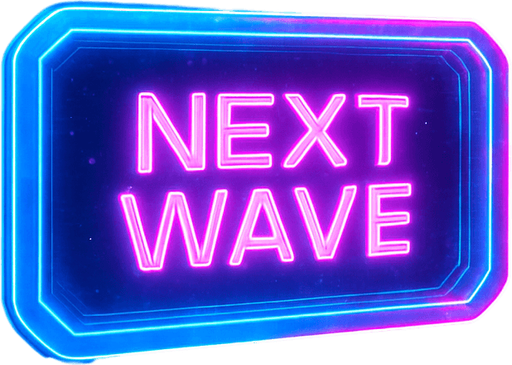 neon cyberpunk glowing NEXT WAVE button blue pink futuristic videogame hologram wave projection simulation