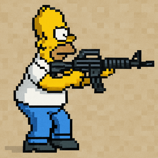 homero simpson hecho con pixeles de cuerpo completo con perspectiva lateral apuntando con rifle de asalto m4
I