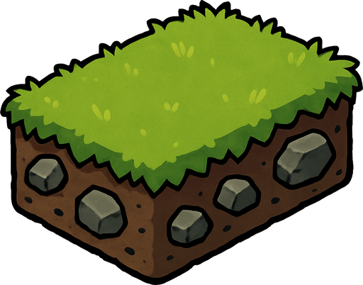 Cesped en forma de rectangulo como con el pasto arriba tierra y algunas rocas irregulares.
In-Game asset.  2d.  High contrast.  No shadows