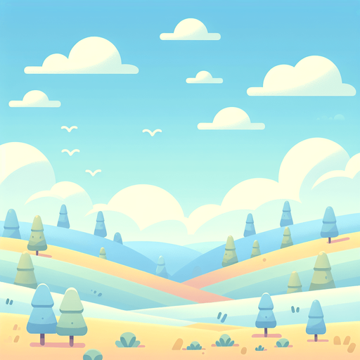 Design a serene and minimalist game background set against a clear blue sky, embodying a light-hearted, cartoony atmosphere. The landscape is uncomplicated, featuring gentle rolling hills and sparse, stylized trees in soft pastel colors. This simplicity ensures the scene remains tranquil and inviting, perfect for creating a balanced and cheerful backdrop that welcomes players into a whimsical yet peaceful gaming world, without any distractions in the sky.
Single Game Texture. In-Game asset. 2d. Blank background. High contrast. No shadows.