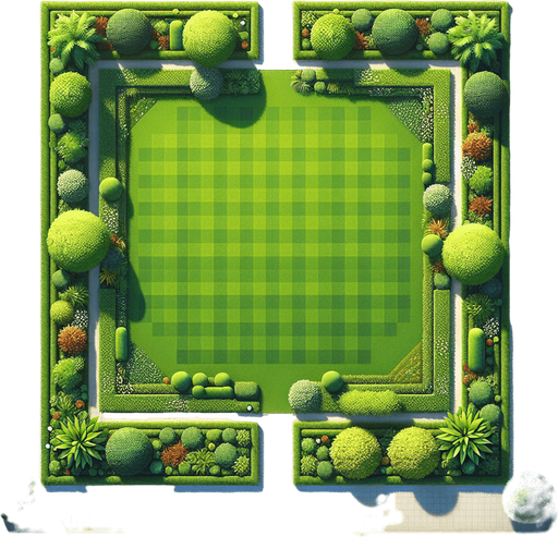 top view of a beautiful and lush clean ans straight lawn square.
Video game style