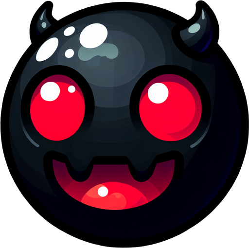 uma bola preta com chifres, e com olhos vermelhos com um sorriso assustador, fundo png.
Single Game Texture. In-Game asset. 3d. Blank background. High contrast. No shadows.