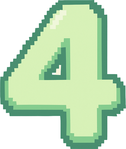 A pixel art number "4" designed for a cozy, cute retro 2D game UI with a bird theme. The number is rendered in soft pastel light green tones to harmonize with the gentle and sweet aesthetic of the game. It has a clean, simple, and rounded pixel style with no harsh edges, fitting perfectly within the pixel art UI style. The number is bold and easily readable at small sizes..
In-Game asset.  2d.  High contrast.  No shadows. pixel art. retro. 2d ui. number. pastel light green. simple. rounded edges. bold. cute. minimal