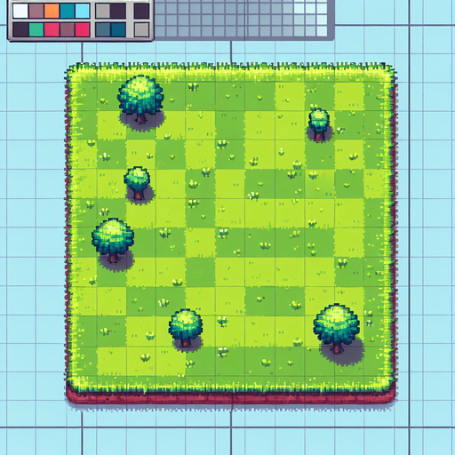 Pixel art, Top down view green grass and a couple trees.
Single Game Texture. In-Game asset. 2d. Blank background. High contrast. No shadows.