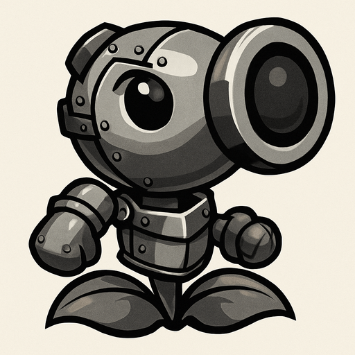 Make a peashooter that with gray armor and looks like it shoot cannon balls.
In-Game asset.  2d.  High contrast.  No shadows