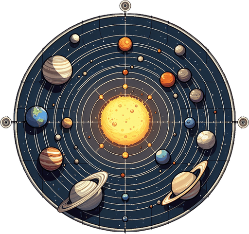 Le système solaire..
Single Game Texture. In-Game asset. 2d. Blank background. High contrast. No shadows.