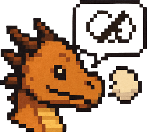 A small pixel art dragon head viewed from the side, mouth closed with a small puff of smoke or a speech bubble with a cross to symbolize that sound is off. The expression is calm and cute. Designed as a fantasy-themed icon for a retro-style 2D game UI..
In-Game asset.  2d.  High contrast.  No shadows. pixel art. side view. cute. fantasy. retro. dragon. mute. icon