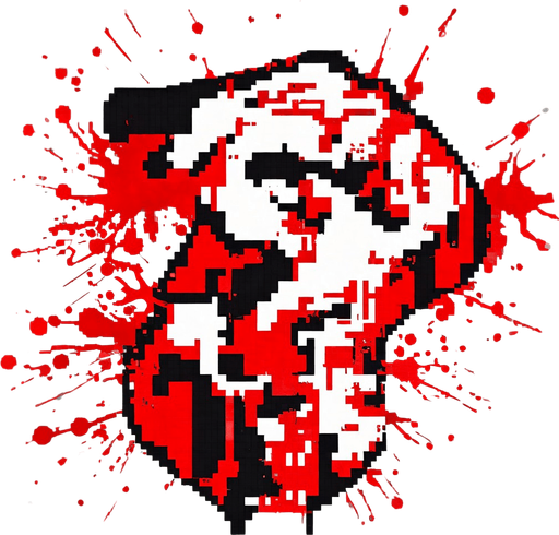 Make it a 8 bit red splatter. No background. Transparent background. Blank background. No shadows. 2d. In-Game asset. flat