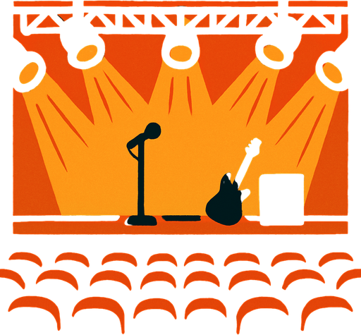oyun background olacak.tam ekran olsun.bir konser sahnesine bakan koltuk bakış açısında olsun.
In-Game asset.  2d.  High contrast.  No shadows